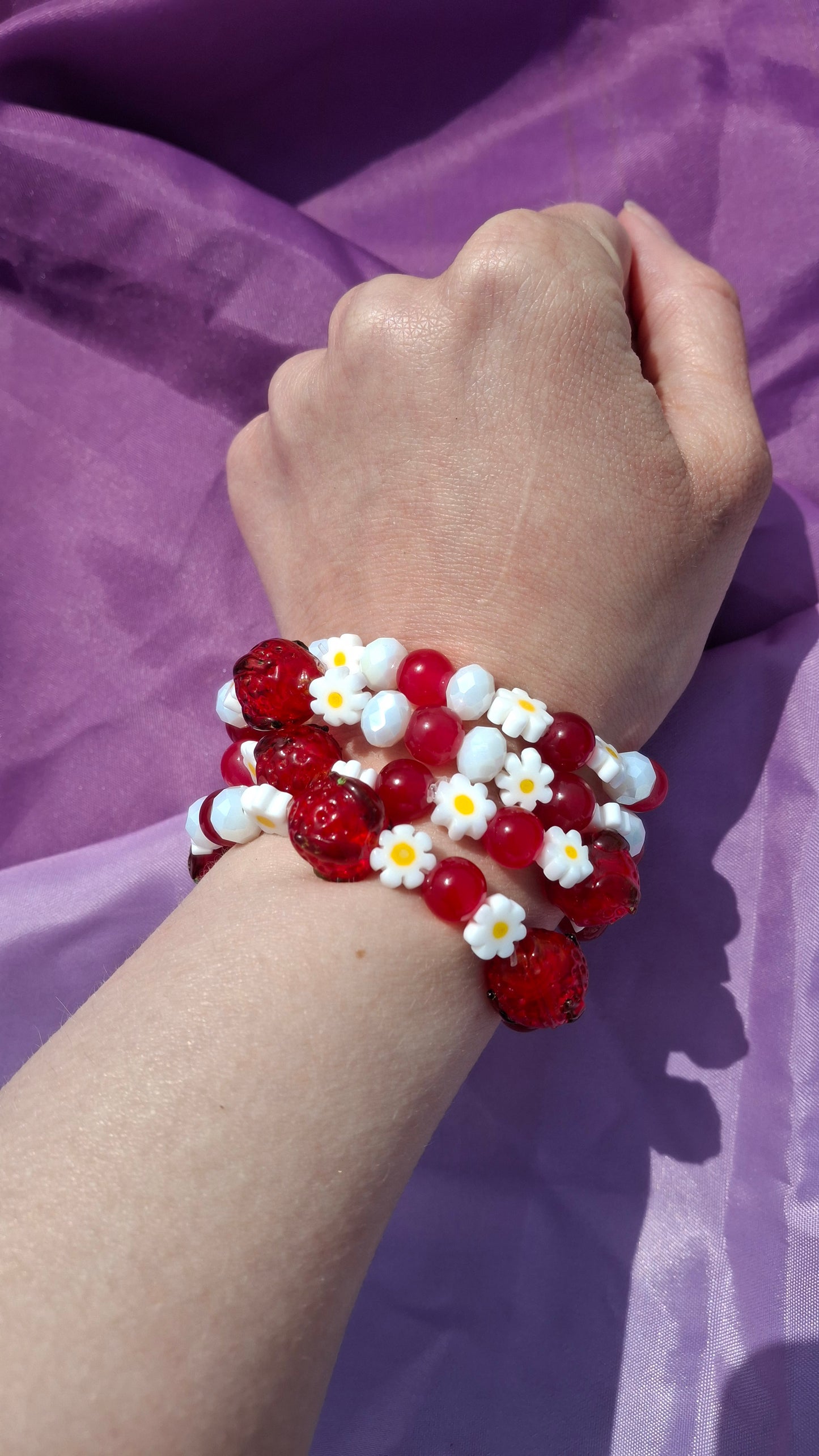 Handmade Red Strawberry Daisy Lampwork Beaded Bracelet in 5 Colors