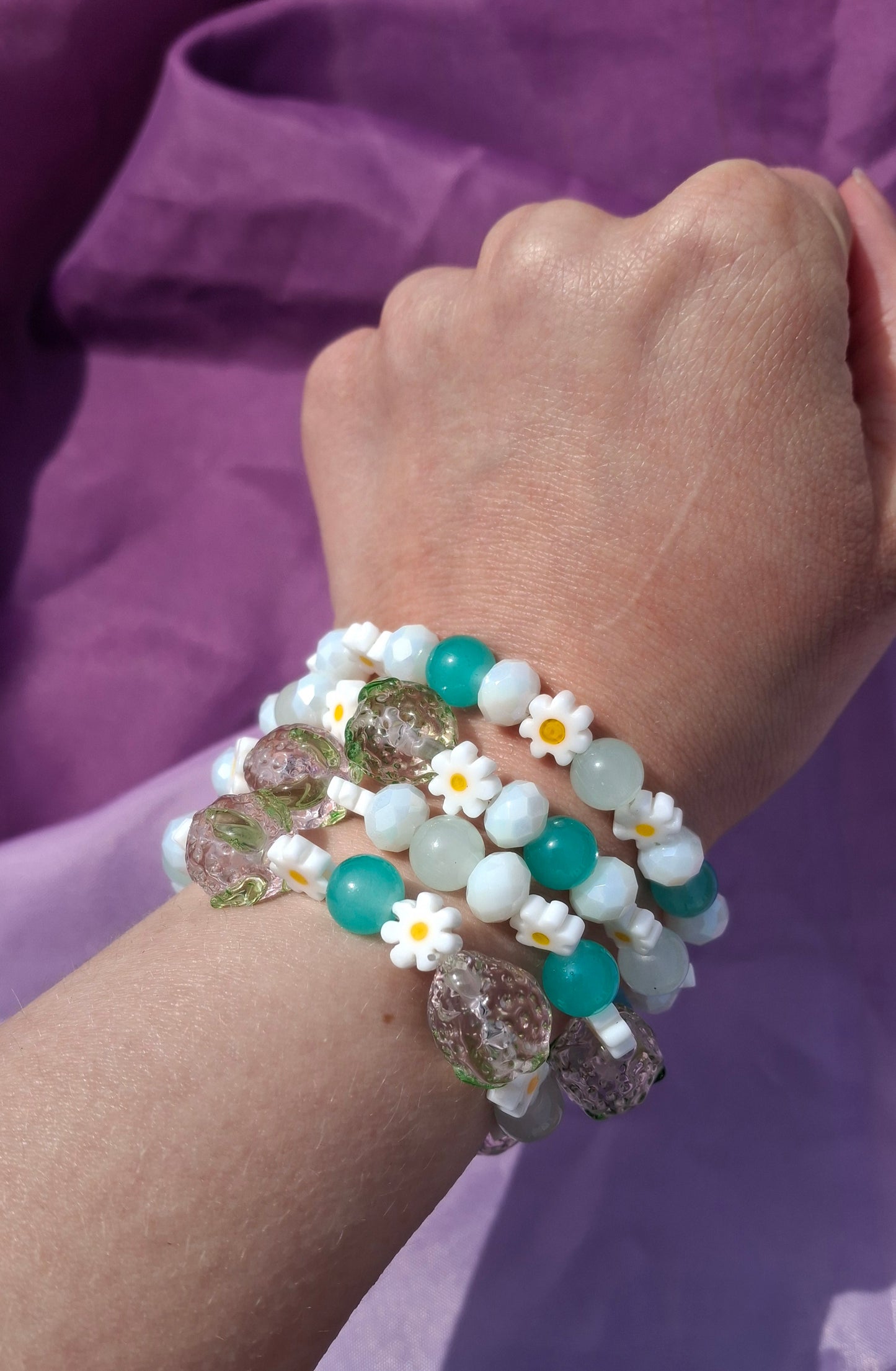 Handmade Pink Strawberry Daisy Lampwork Beaded Bracelet in 5 Colors