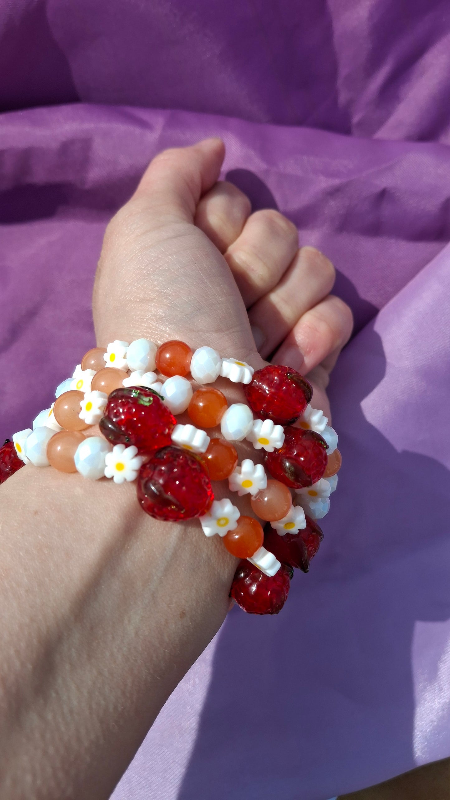 Handmade Red Strawberry Daisy Lampwork Beaded Bracelet in 5 Colors