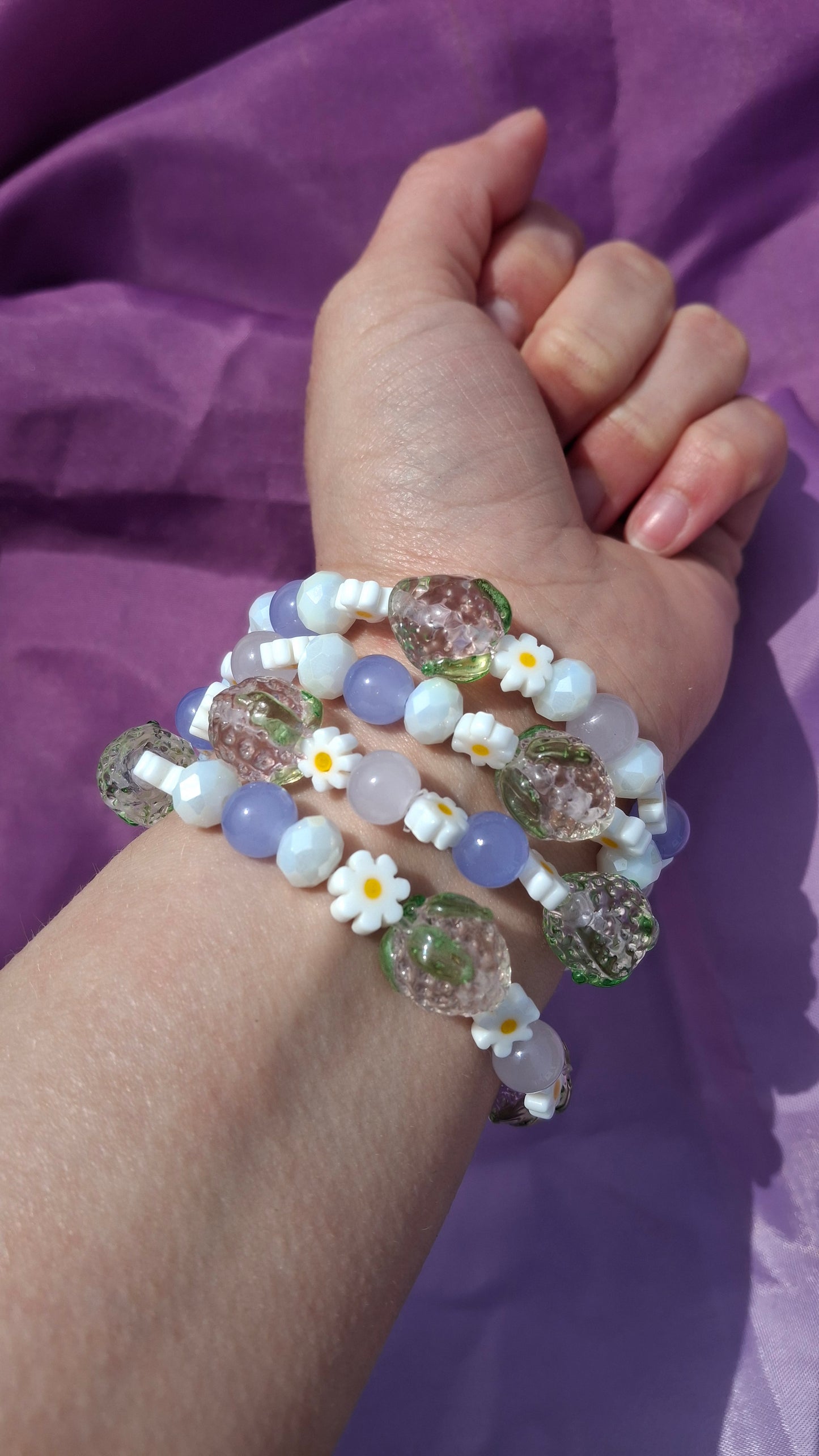 Handmade Pink Strawberry Daisy Lampwork Beaded Bracelet in 5 Colors