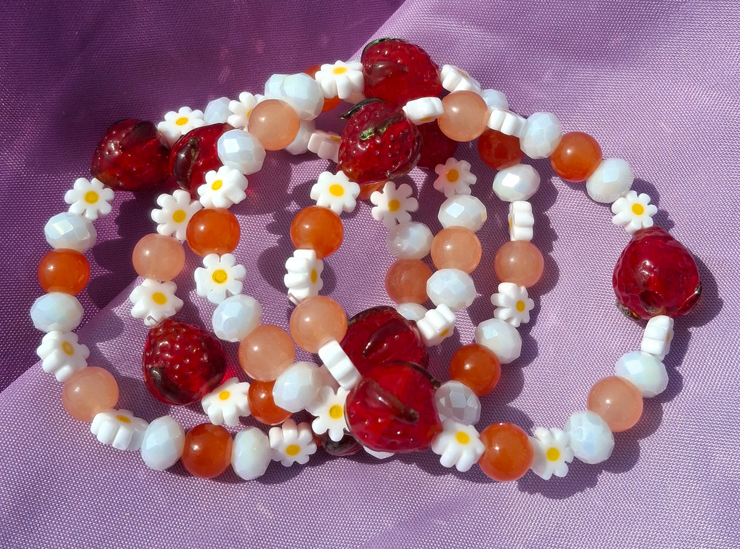 Handmade Red Strawberry Daisy Lampwork Beaded Bracelet in 5 Colors