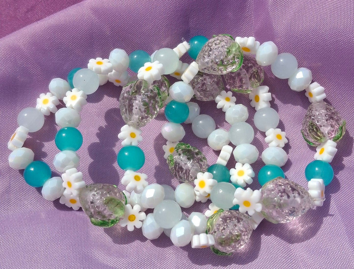 Handmade Pink Strawberry Daisy Lampwork Beaded Bracelet in 5 Colors
