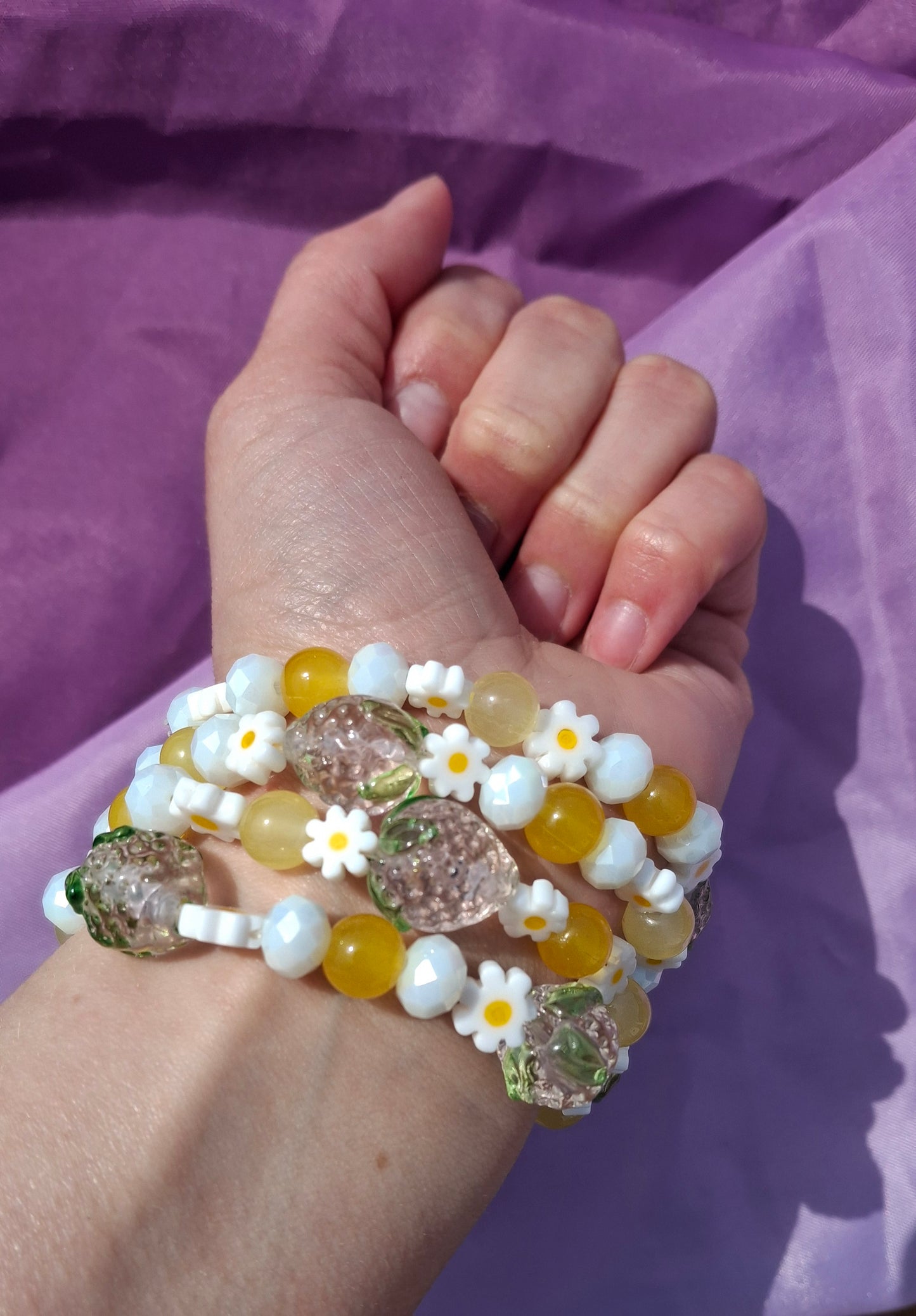 Handmade Pink Strawberry Daisy Lampwork Beaded Bracelet in 5 Colors