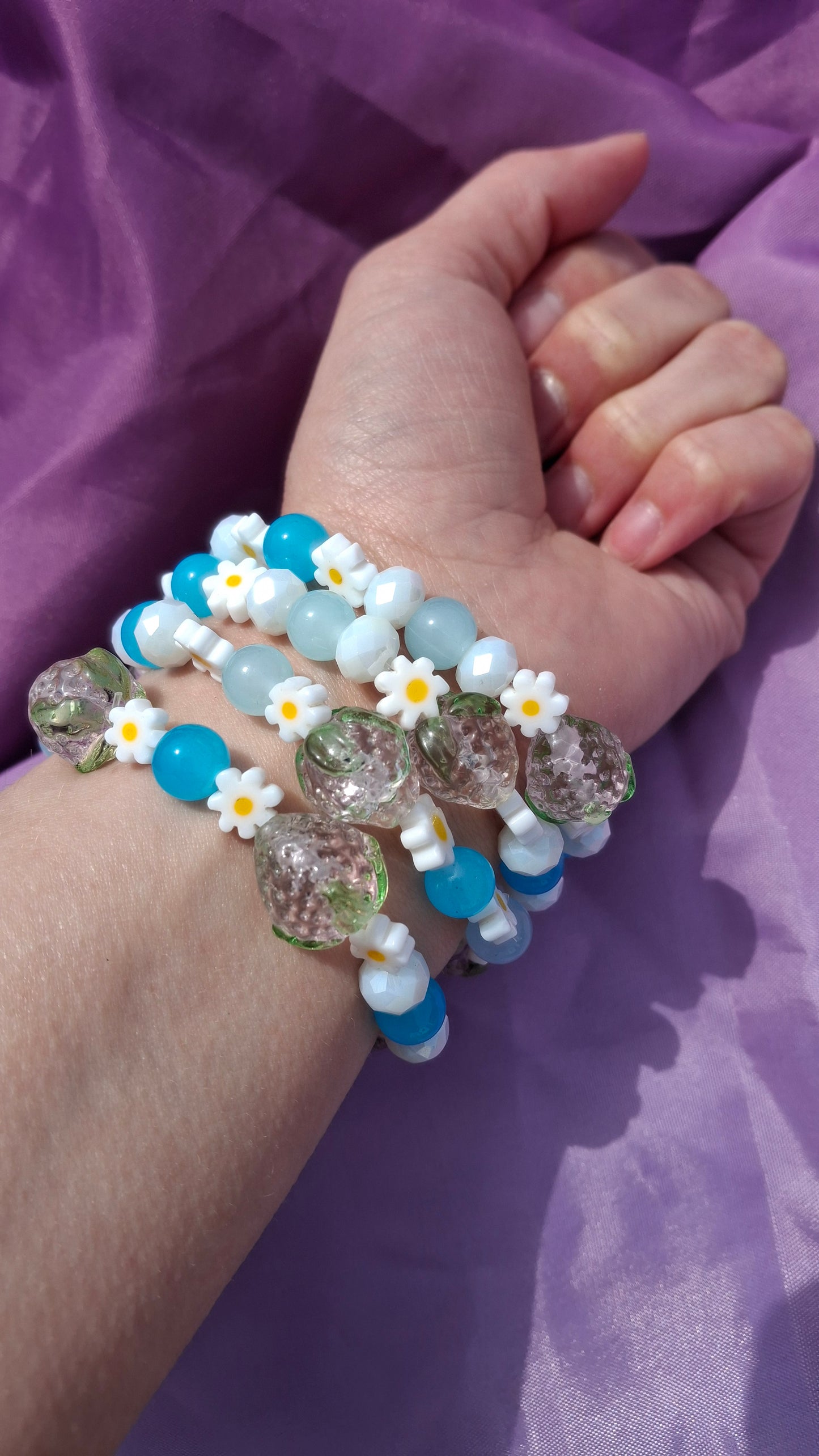 Handmade Pink Strawberry Daisy Lampwork Beaded Bracelet in 5 Colors