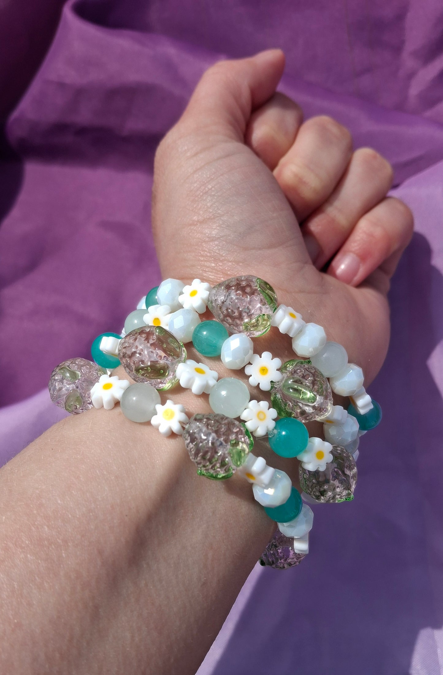 Handmade Pink Strawberry Daisy Lampwork Beaded Bracelet in 5 Colors