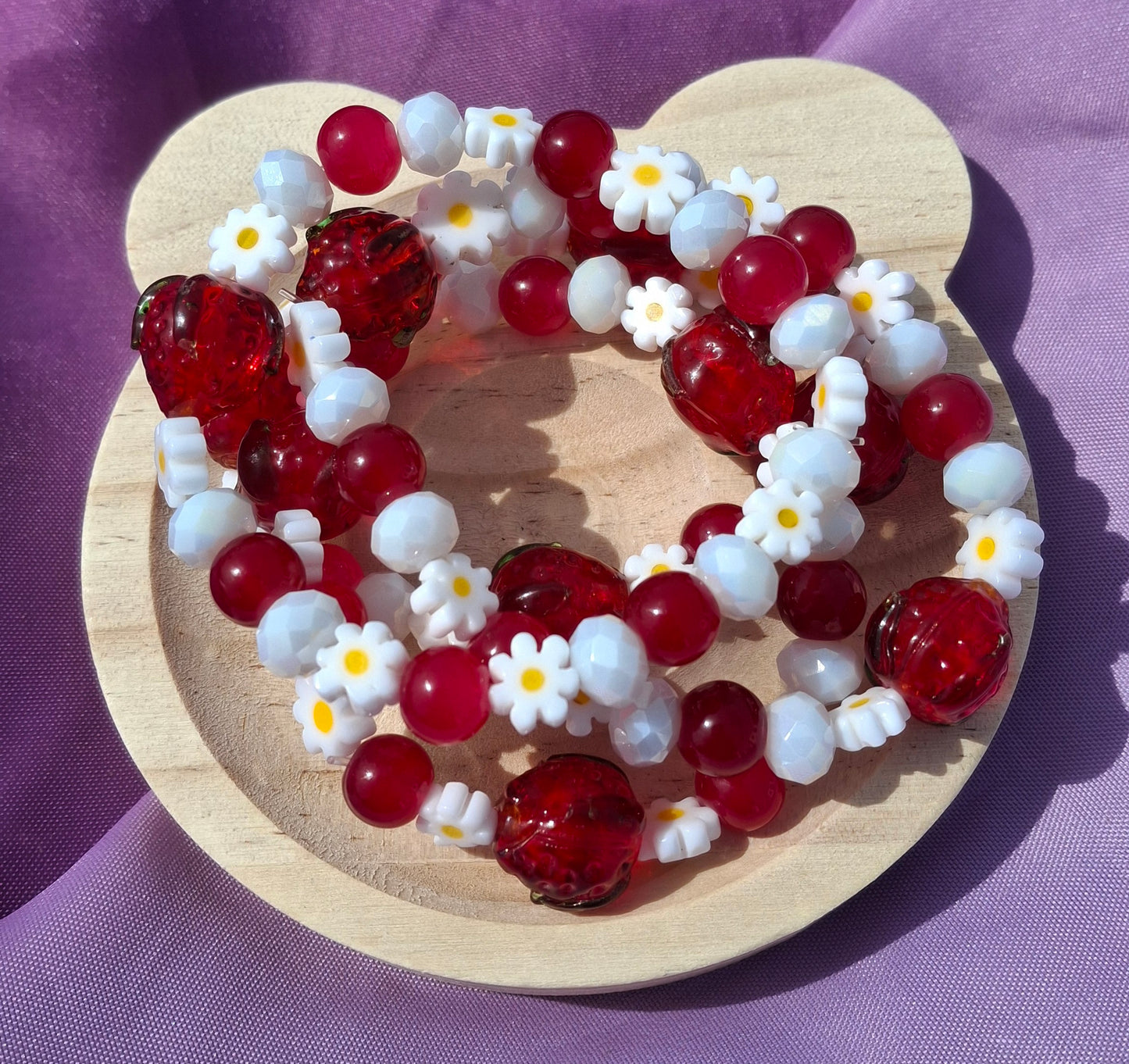 Handmade Red Strawberry Daisy Lampwork Beaded Bracelet in 5 Colors