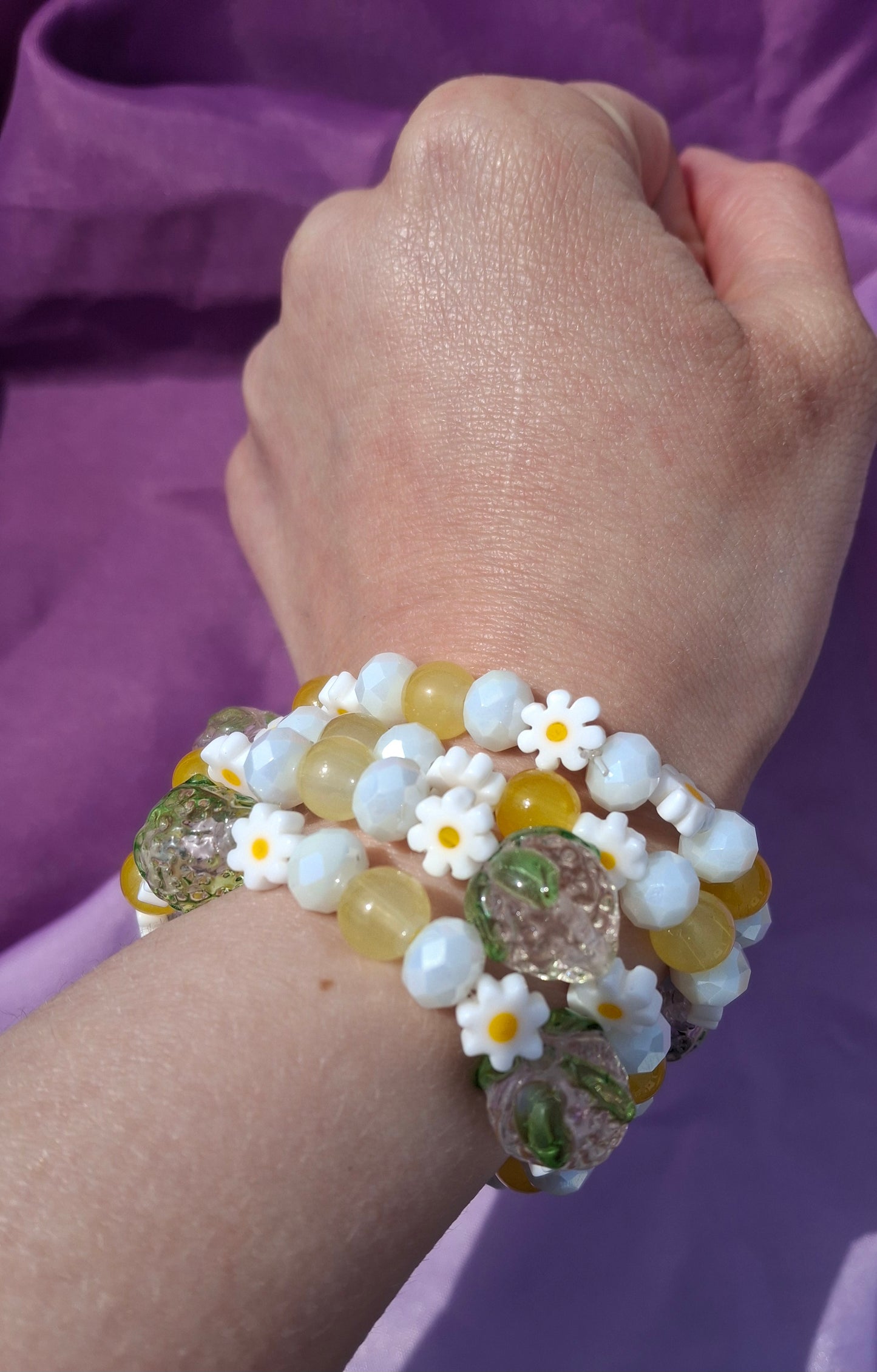 Handmade Pink Strawberry Daisy Lampwork Beaded Bracelet in 5 Colors