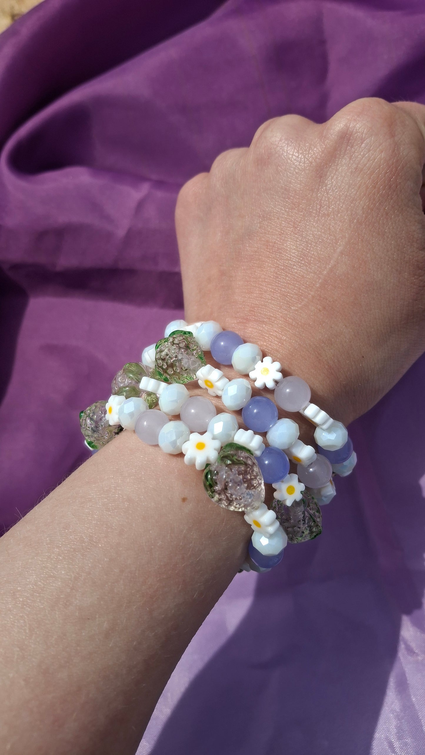 Handmade Pink Strawberry Daisy Lampwork Beaded Bracelet in 5 Colors