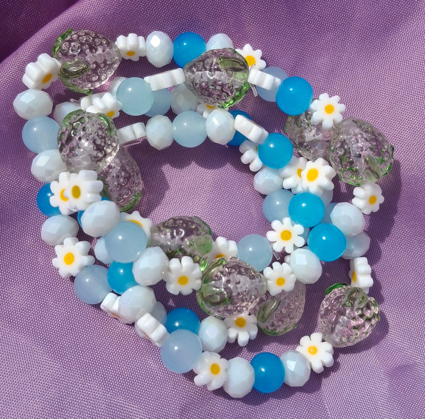 Handmade Pink Strawberry Daisy Lampwork Beaded Bracelet in 5 Colors
