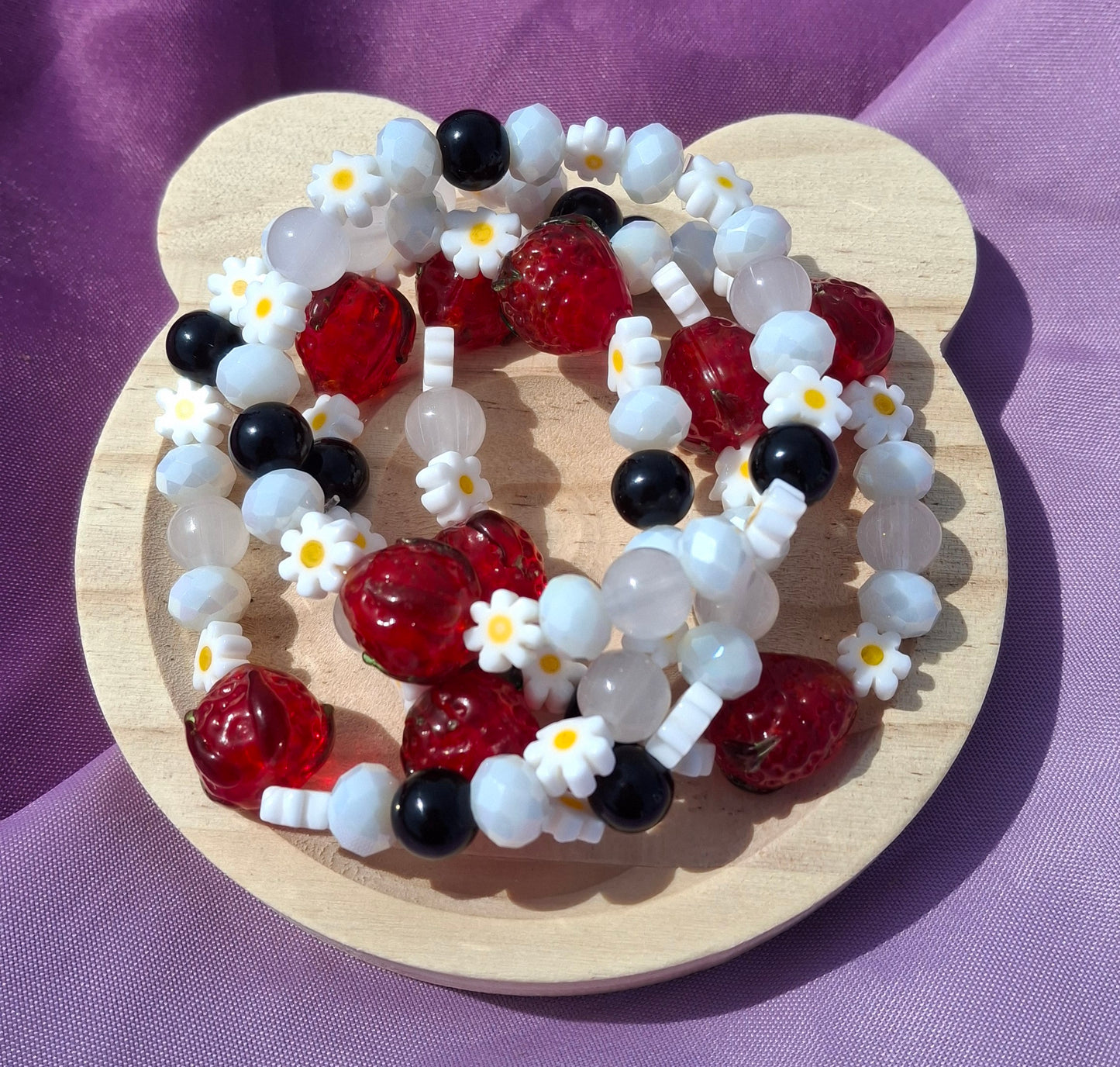 Handmade Red Strawberry Daisy Lampwork Beaded Bracelet in 5 Colors
