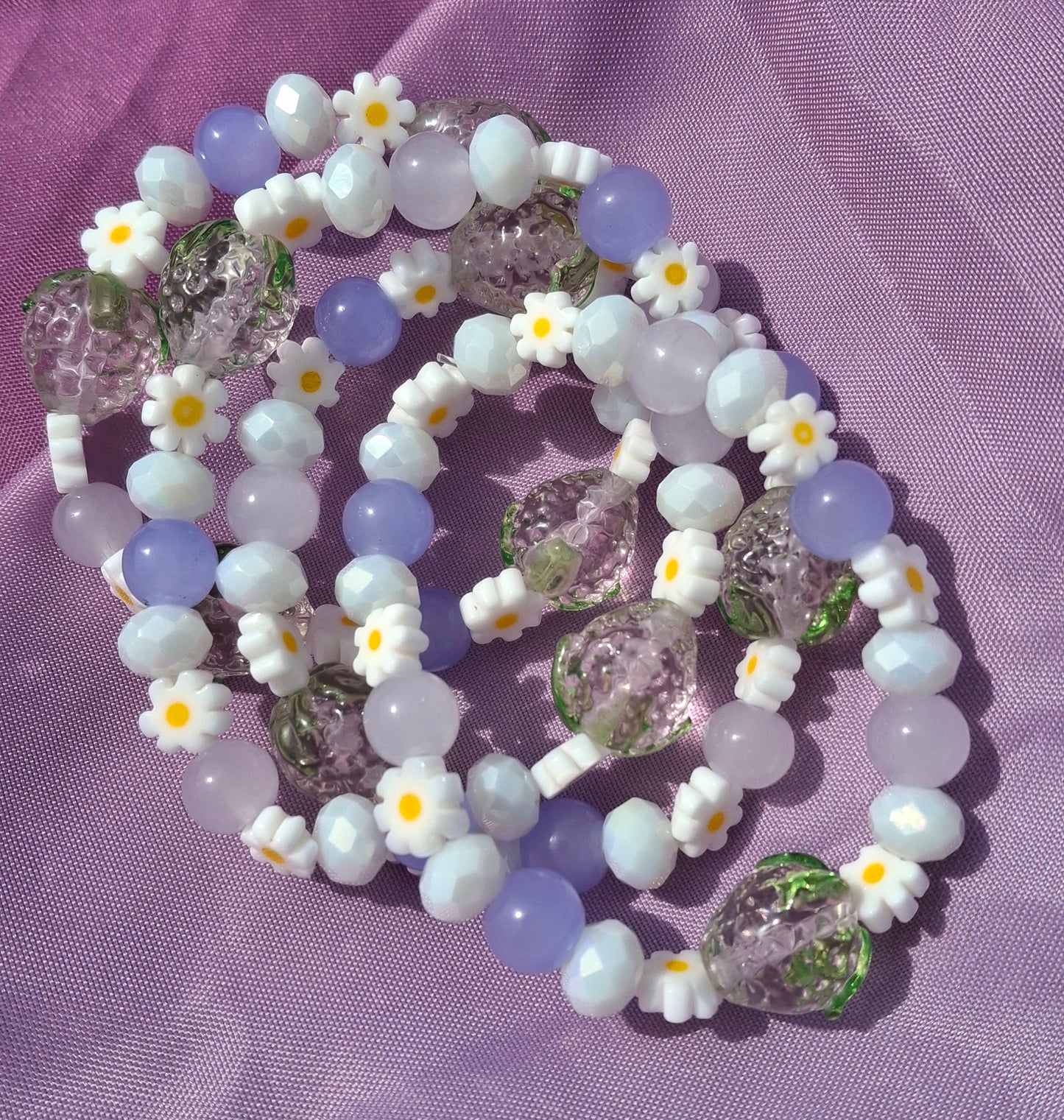 Handmade Pink Strawberry Daisy Lampwork Beaded Bracelet in 5 Colors