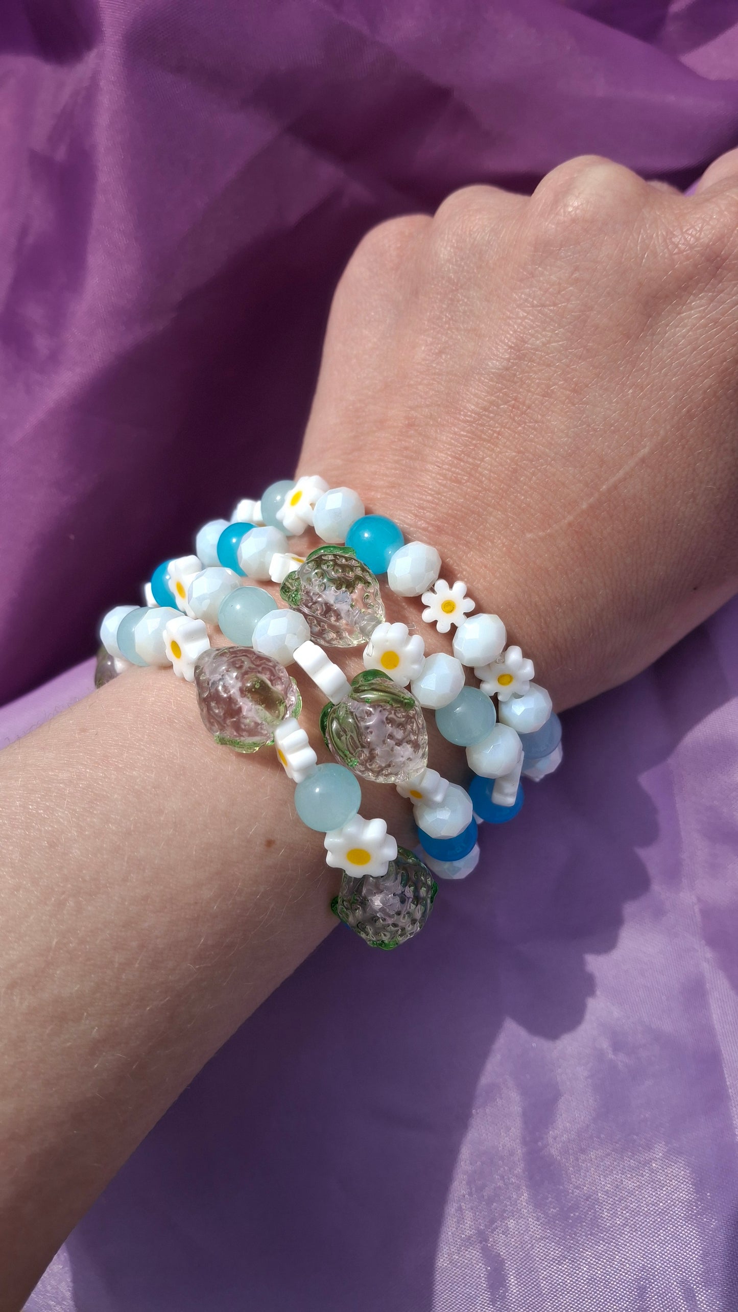 Handmade Pink Strawberry Daisy Lampwork Beaded Bracelet in 5 Colors