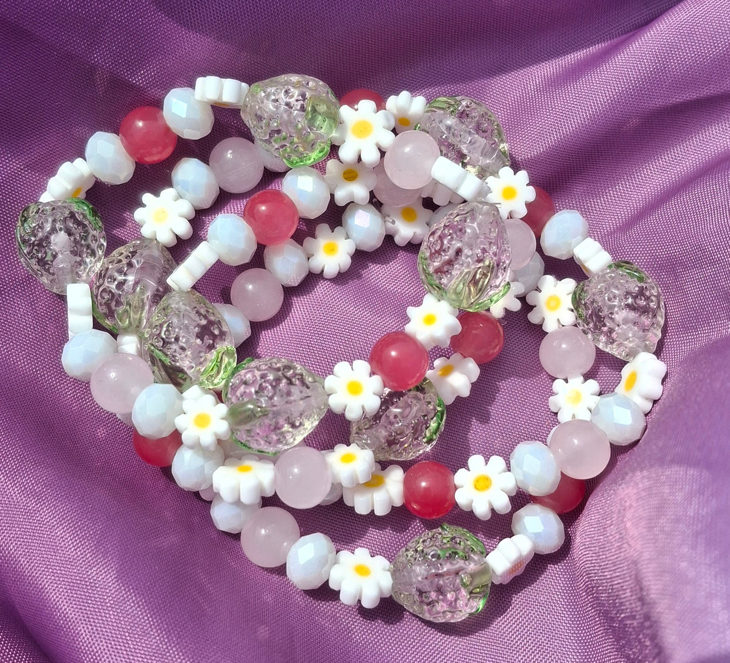Handmade Pink Strawberry Daisy Lampwork Beaded Bracelet in 5 Colors