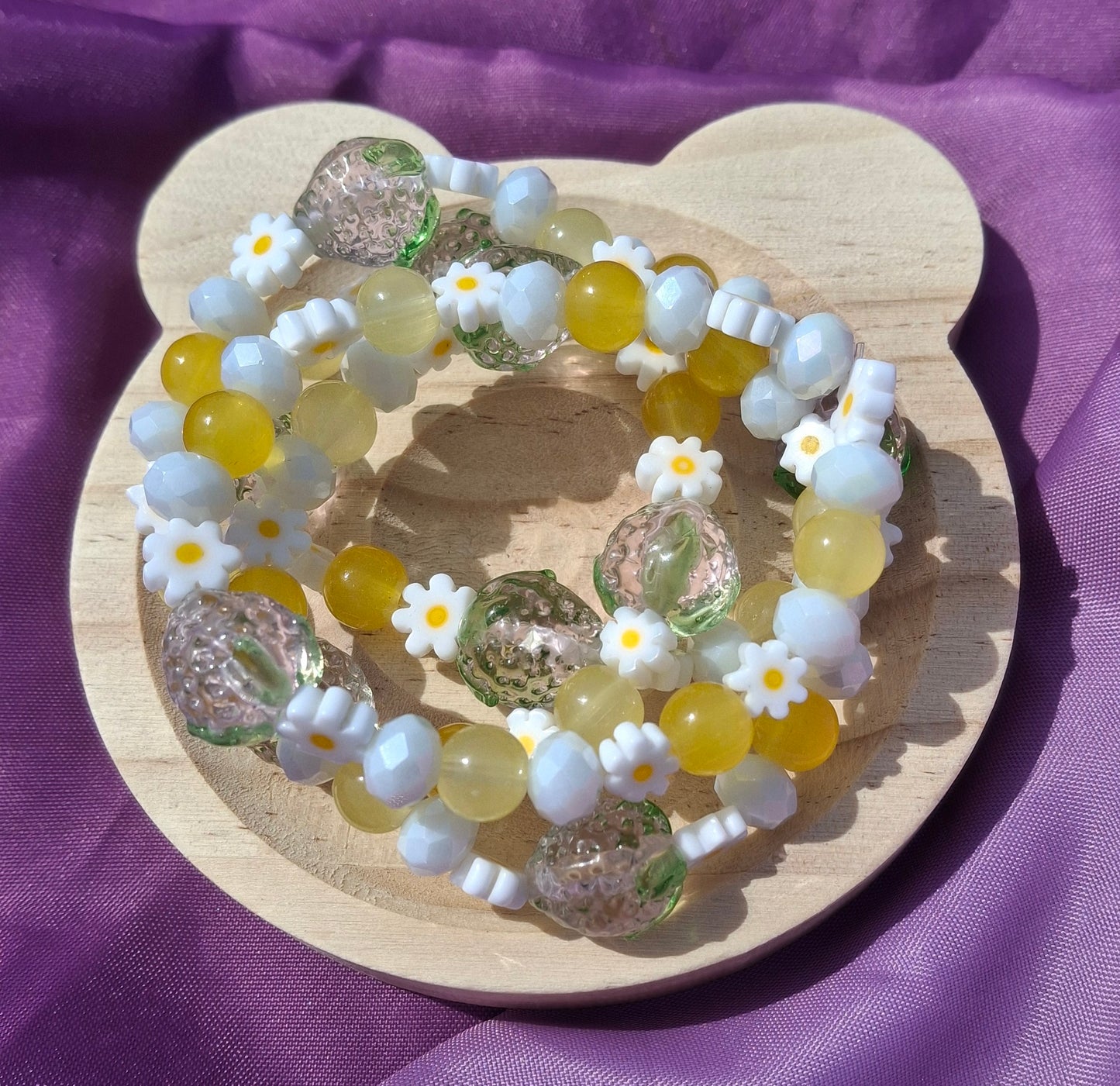 Handmade Pink Strawberry Daisy Lampwork Beaded Bracelet in 5 Colors