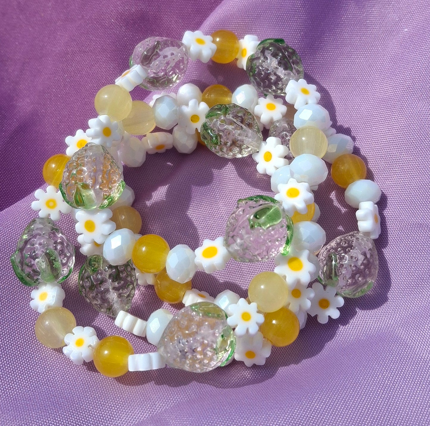 Handmade Pink Strawberry Daisy Lampwork Beaded Bracelet in 5 Colors
