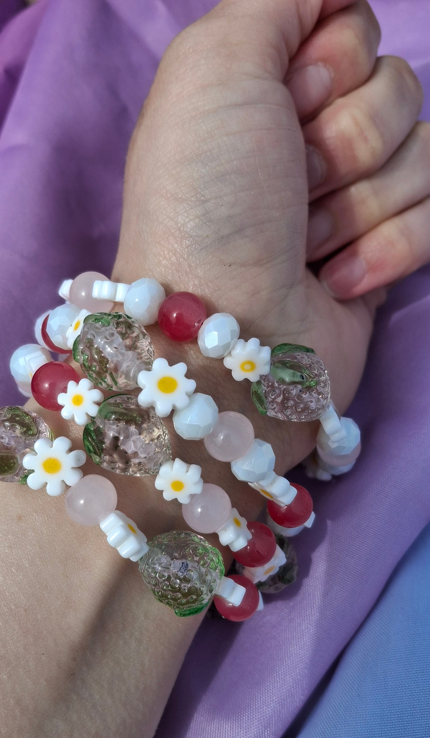 Handmade Pink Strawberry Daisy Lampwork Beaded Bracelet in 5 Colors