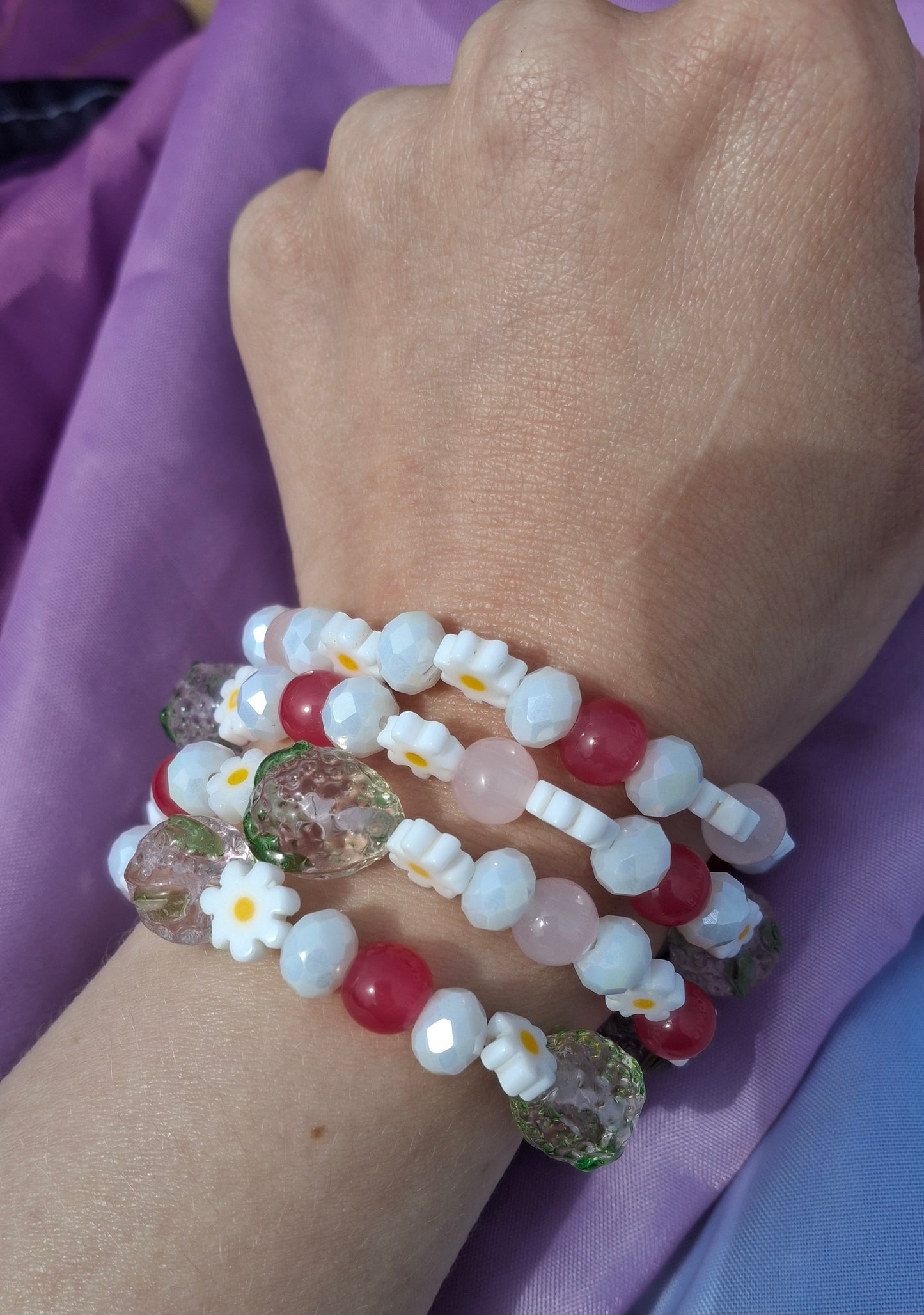 Handmade Pink Strawberry Daisy Lampwork Beaded Bracelet in 5 Colors