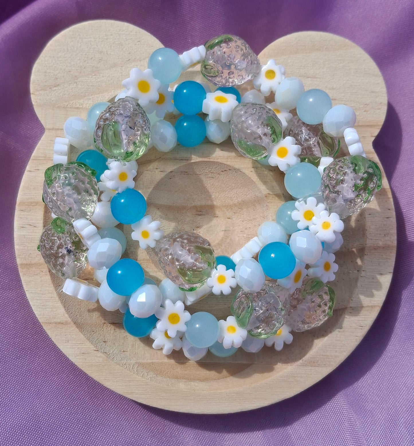 Handmade Pink Strawberry Daisy Lampwork Beaded Bracelet in 5 Colors