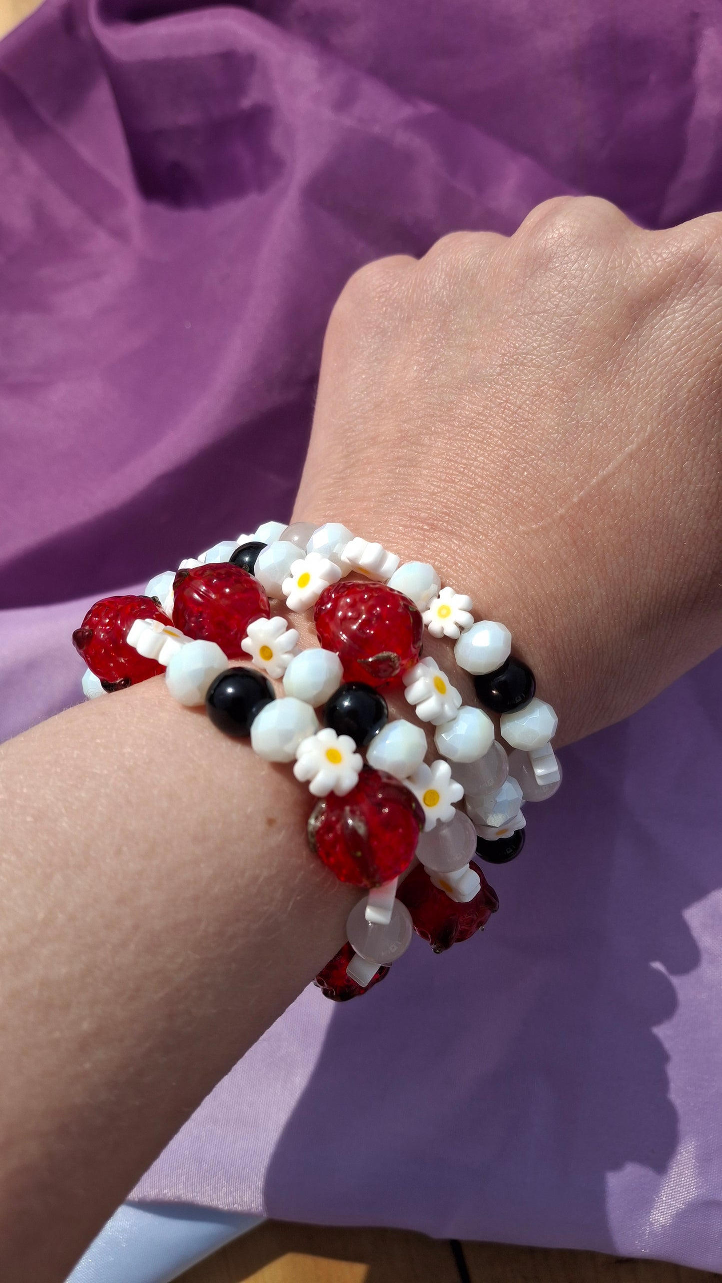 Handmade Red Strawberry Daisy Lampwork Beaded Bracelet in 5 Colors