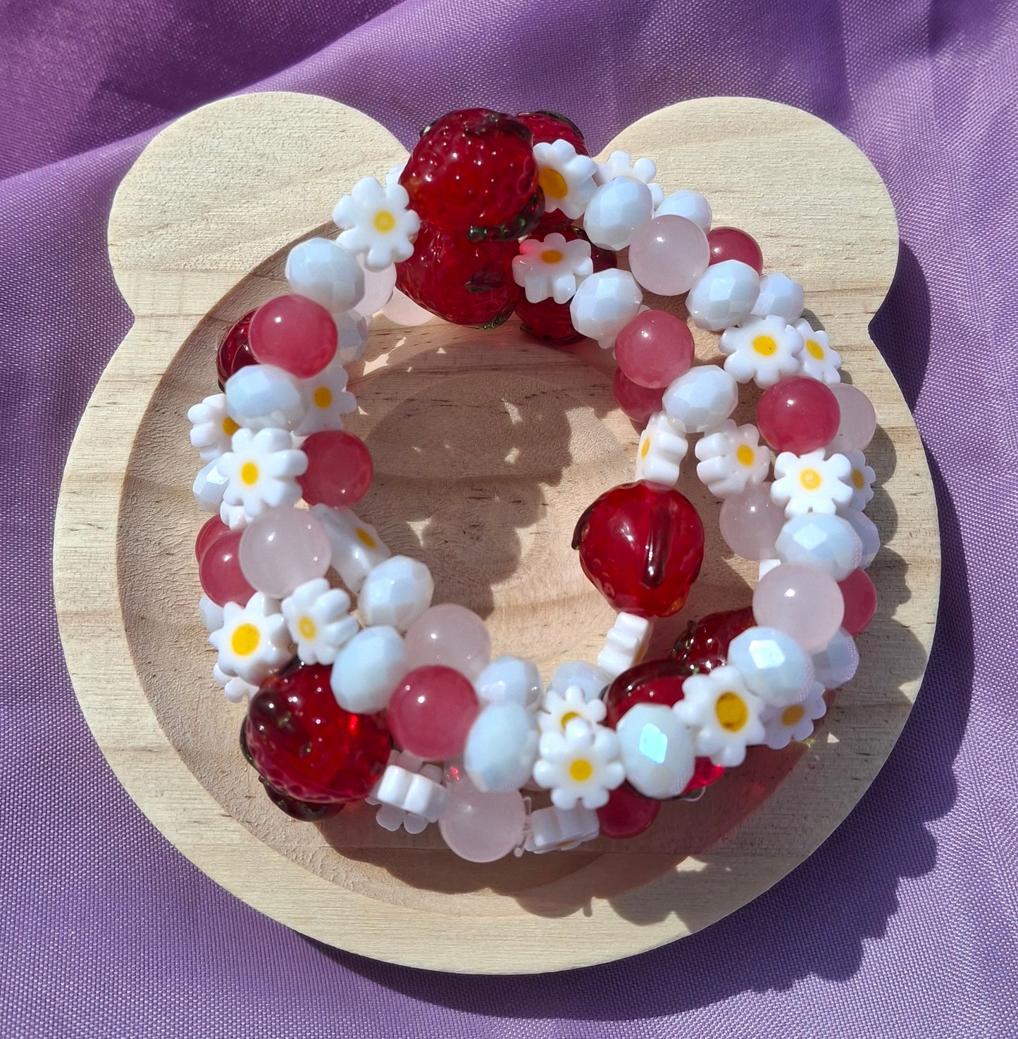 Handmade Red Strawberry Daisy Lampwork Beaded Bracelet in 5 Colors