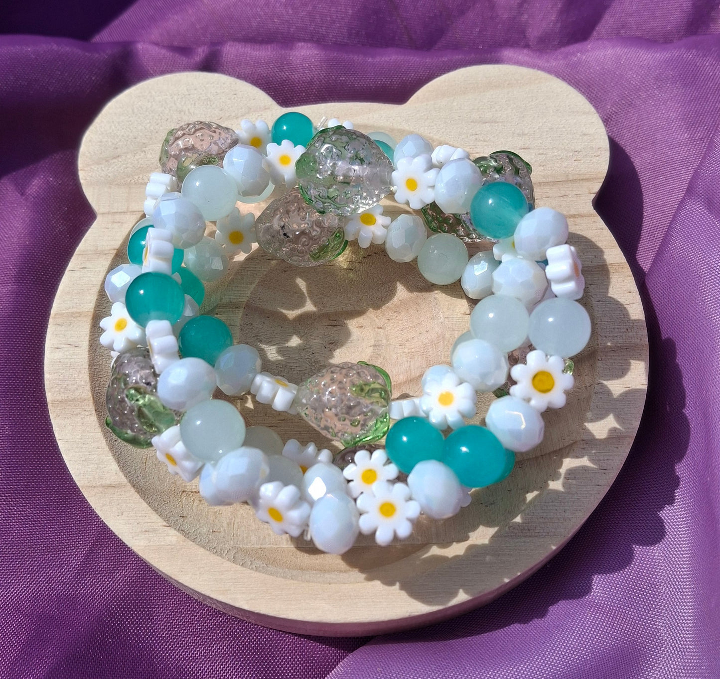 Handmade Pink Strawberry Daisy Lampwork Beaded Bracelet in 5 Colors