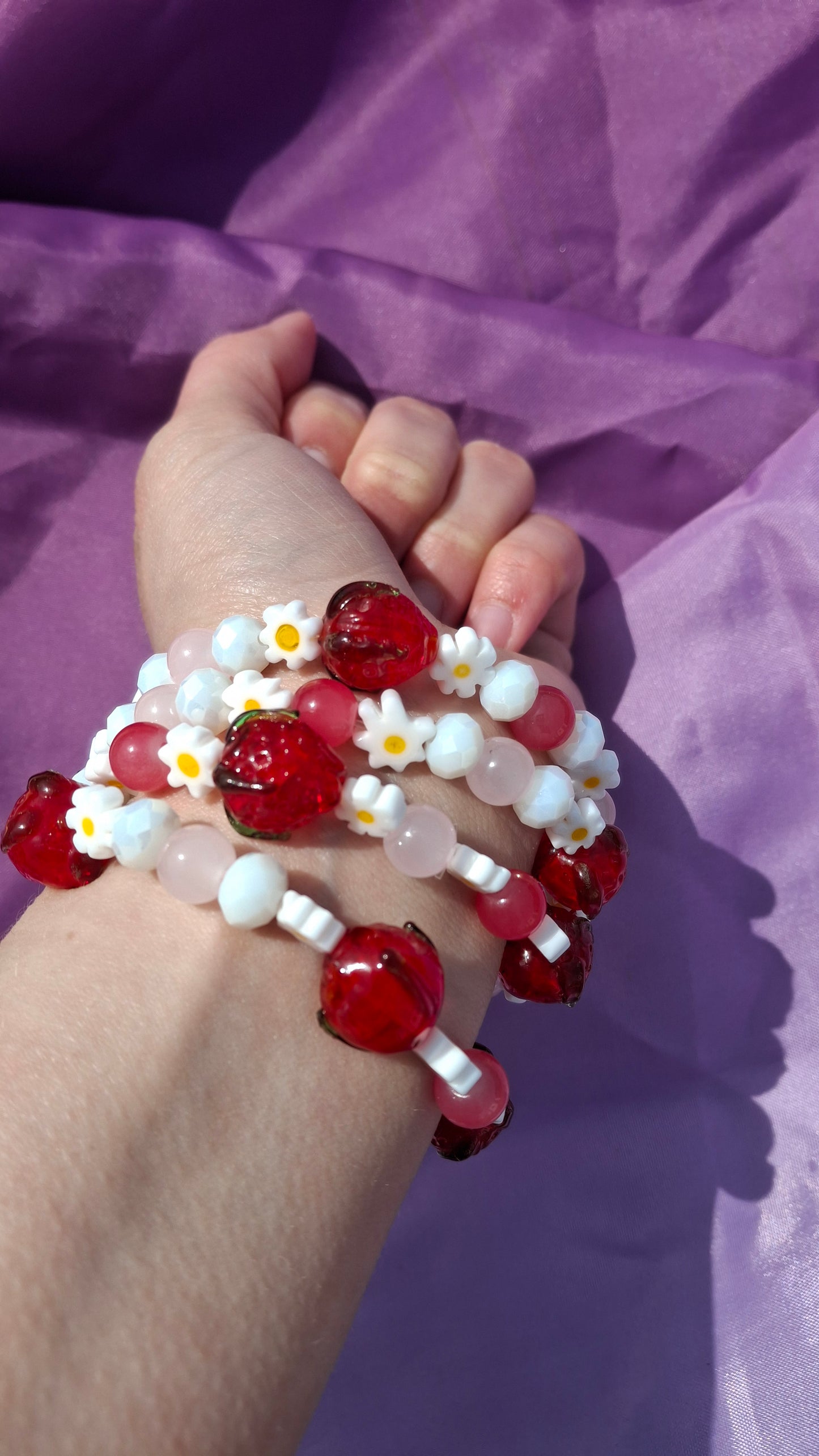 Handmade Red Strawberry Daisy Lampwork Beaded Bracelet in 5 Colors