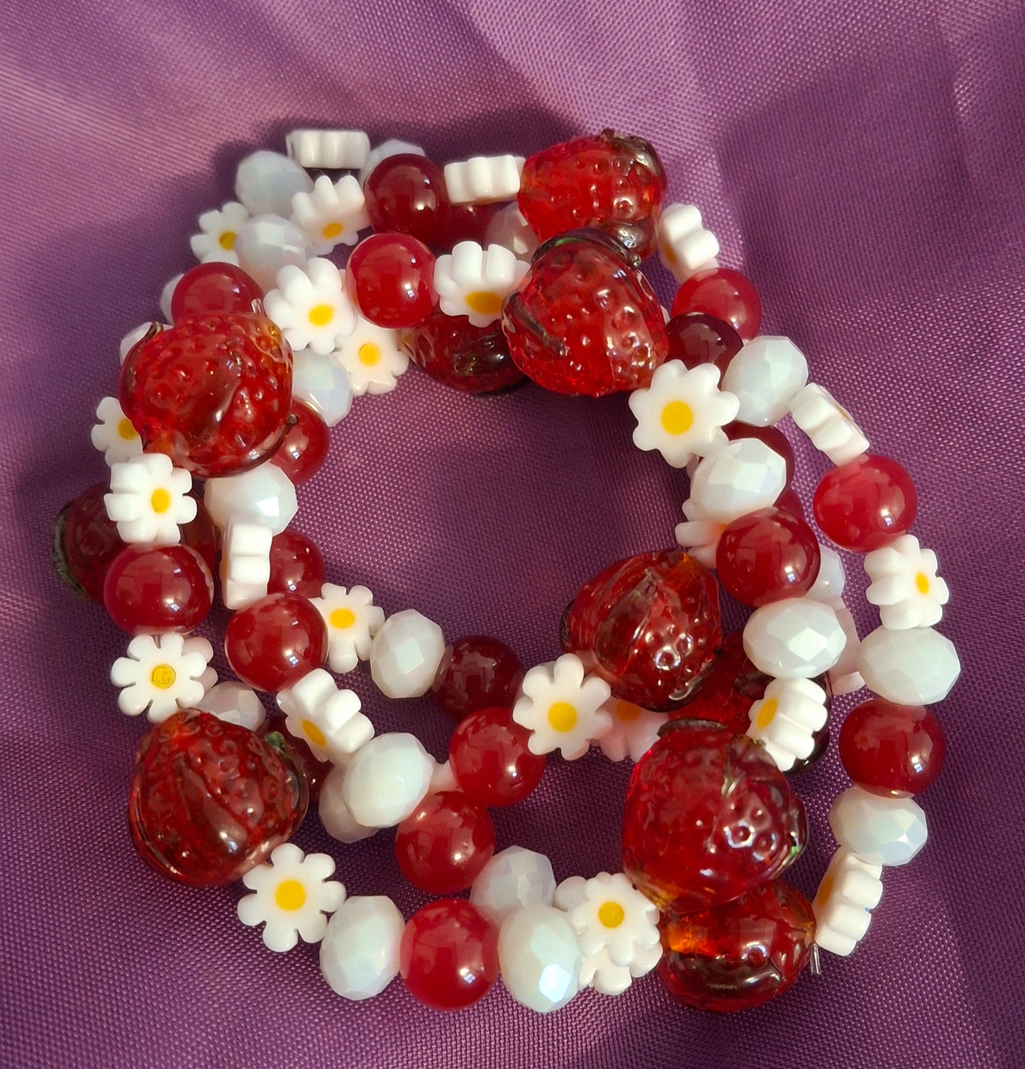 Handmade Red Strawberry Daisy Lampwork Beaded Bracelet in 5 Colors