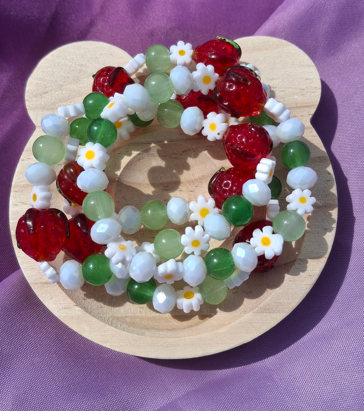 Handmade Red Strawberry Daisy Lampwork Beaded Bracelet in 5 Colors