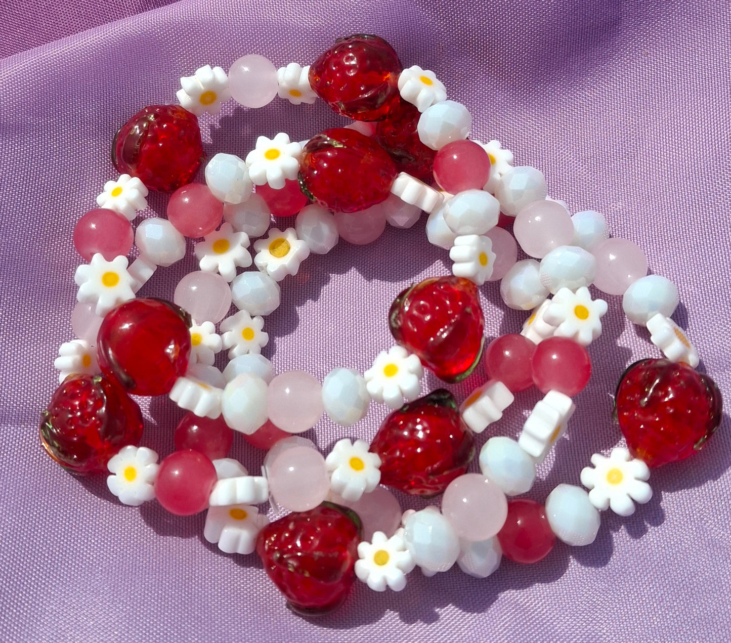 Handmade Red Strawberry Daisy Lampwork Beaded Bracelet in 5 Colors