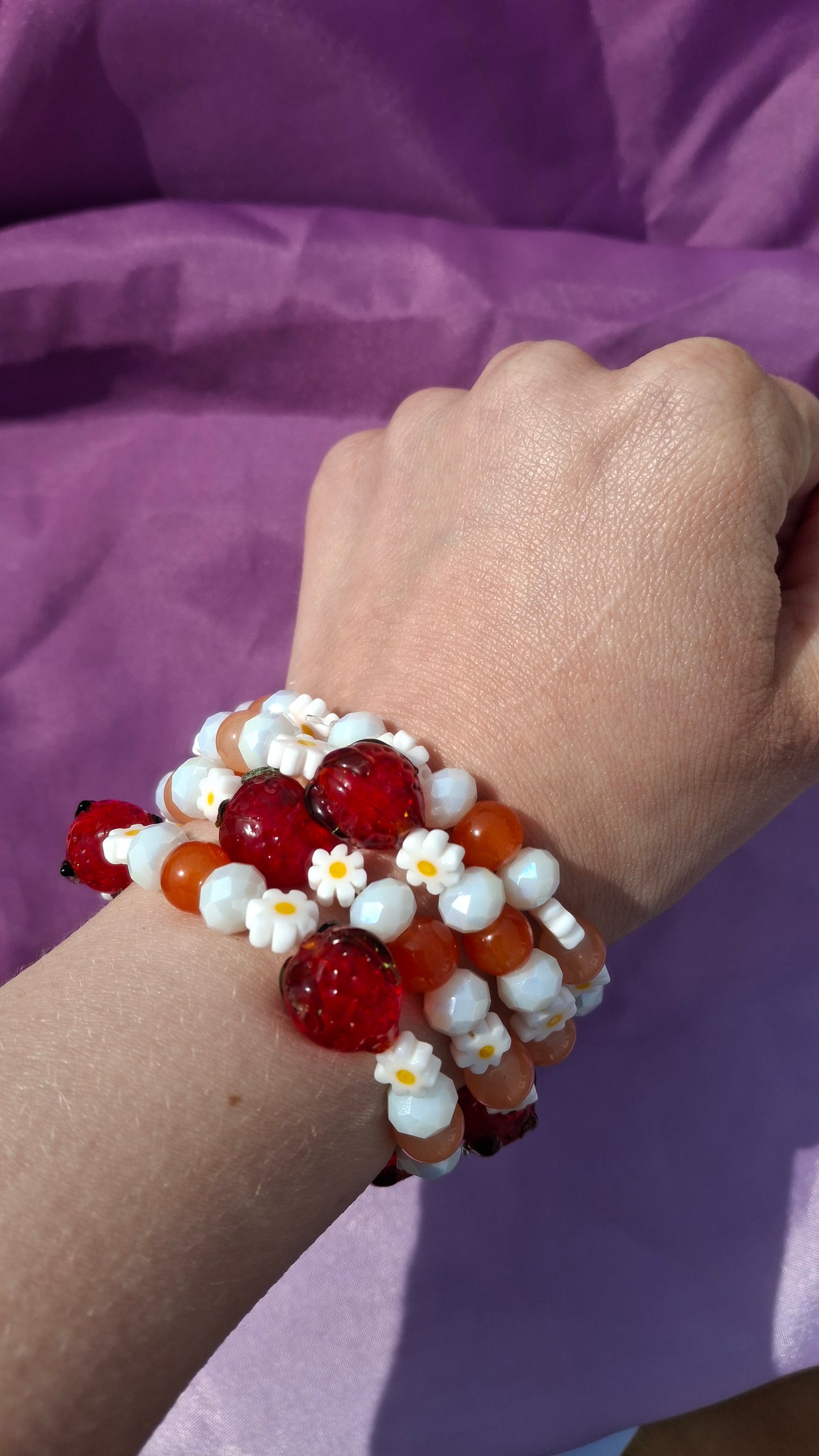 Handmade Red Strawberry Daisy Lampwork Beaded Bracelet in 5 Colors