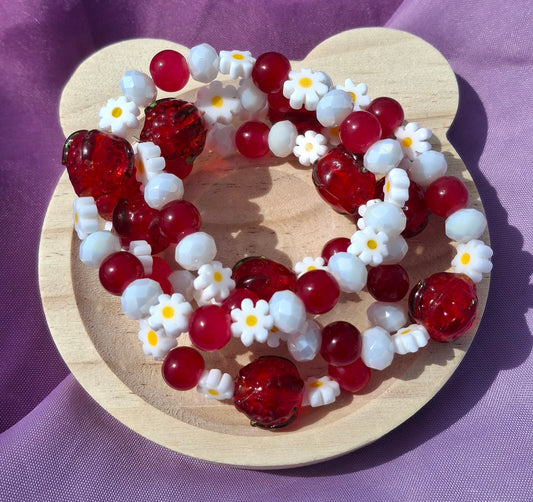 Handmade Red Strawberry Daisy Lampwork Beaded Bracelet in 5 Colors