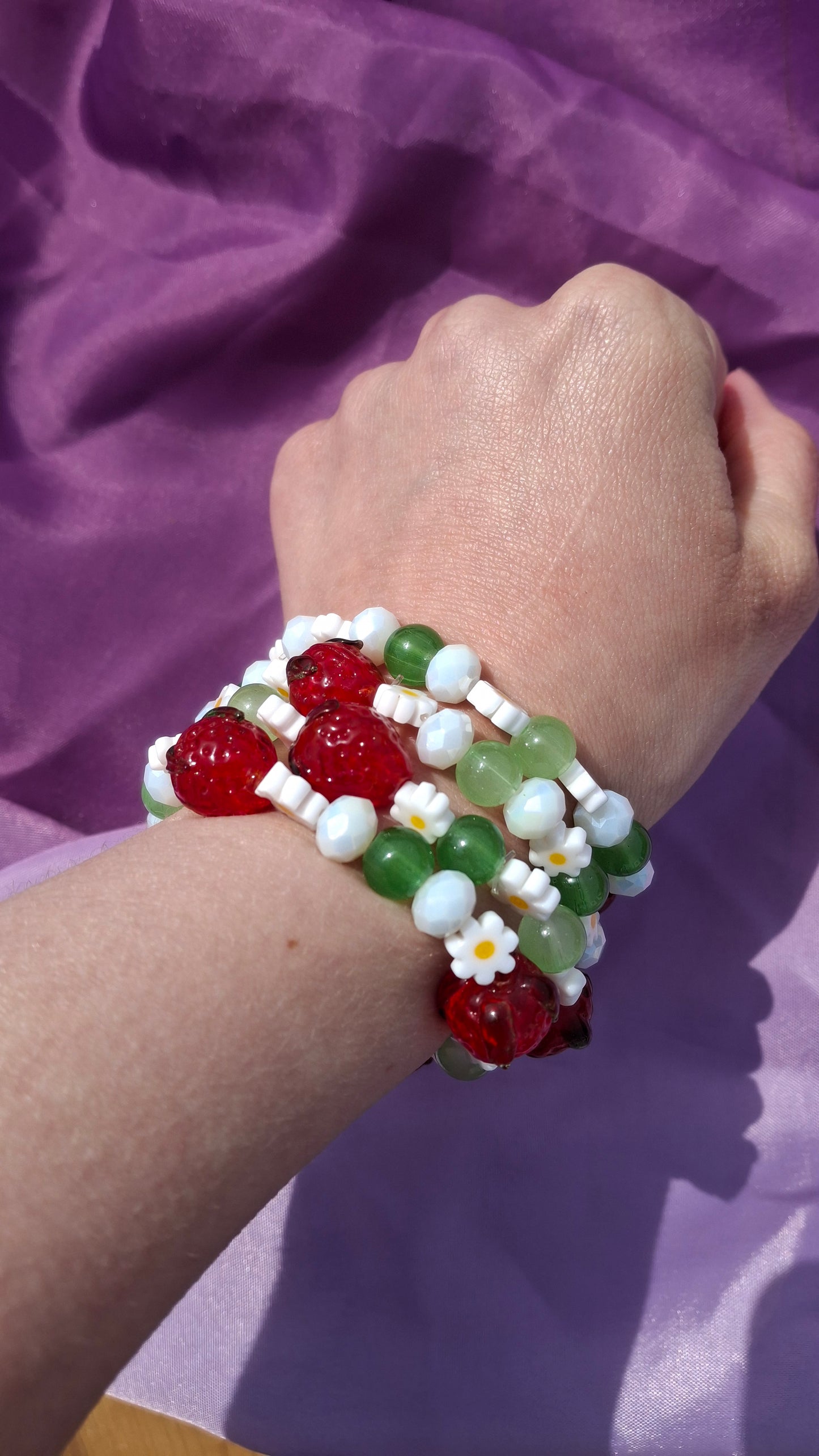 Handmade Red Strawberry Daisy Lampwork Beaded Bracelet in 5 Colors