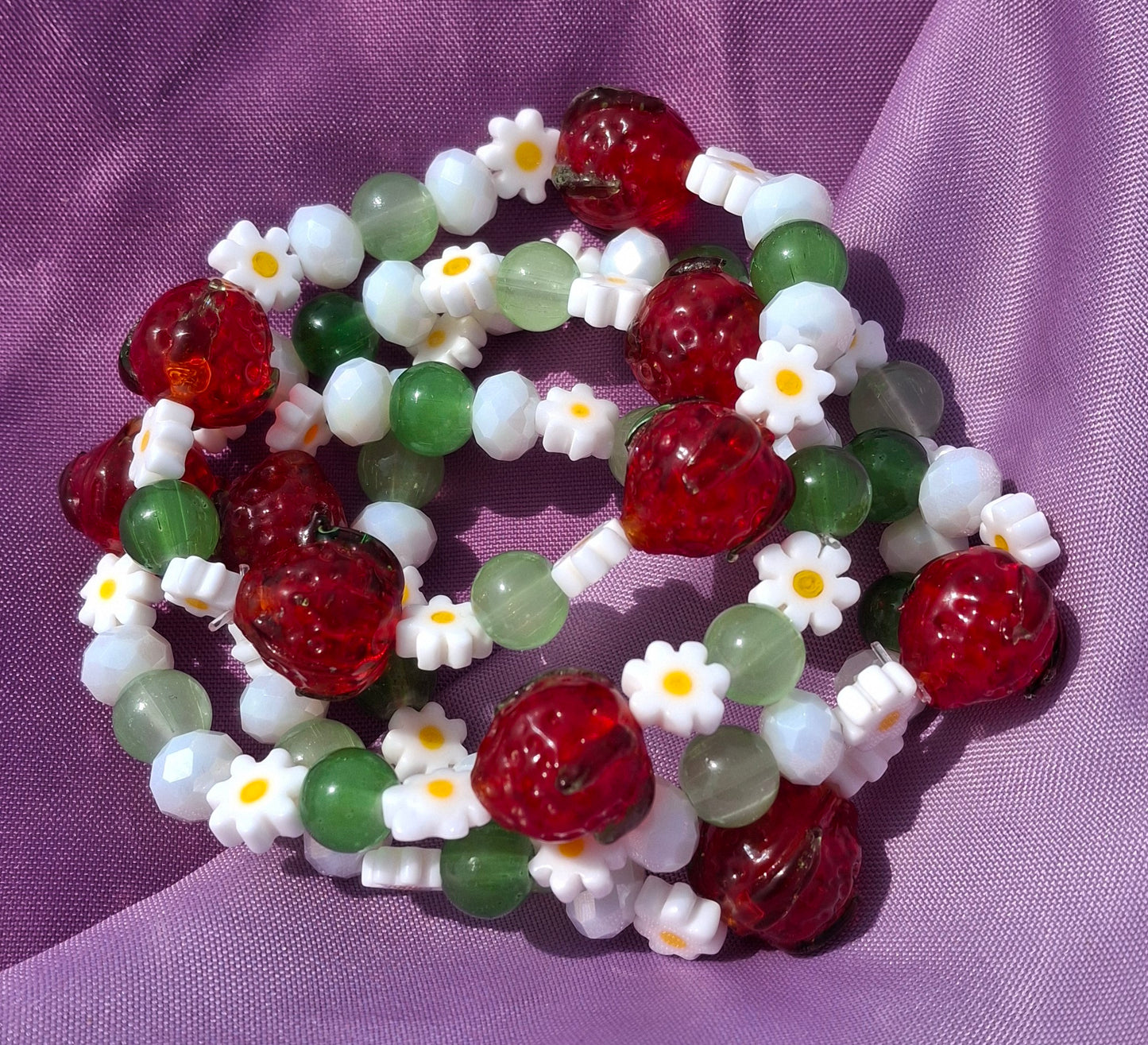 Handmade Red Strawberry Daisy Lampwork Beaded Bracelet in 5 Colors