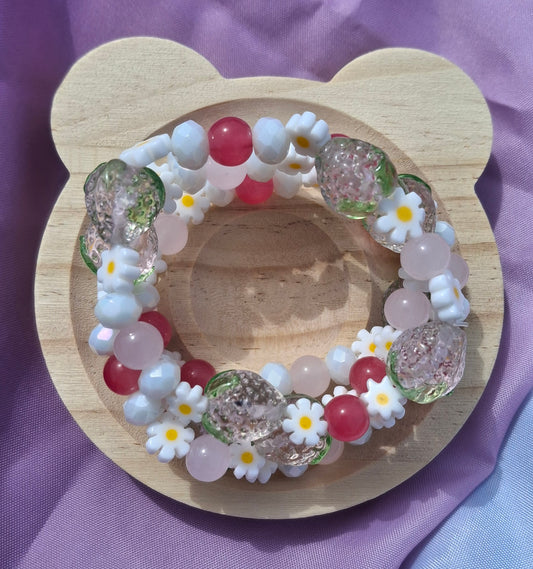 Handmade Pink Strawberry Daisy Lampwork Beaded Bracelet in 5 Colors