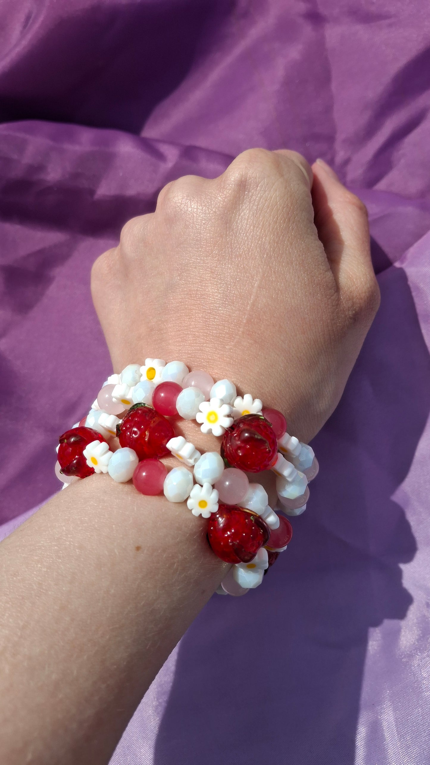 Handmade Red Strawberry Daisy Lampwork Beaded Bracelet in 5 Colors
