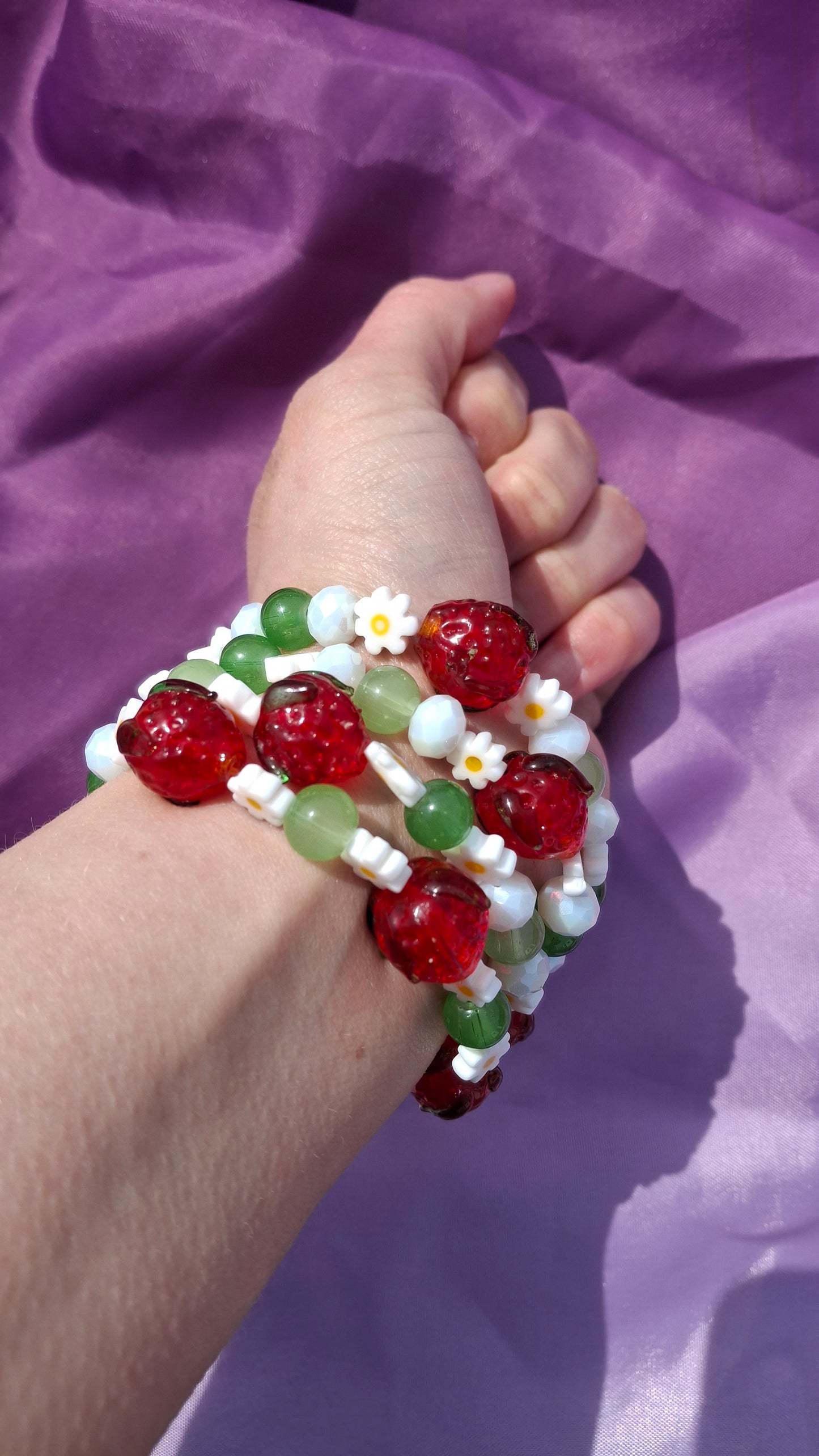 Handmade Red Strawberry Daisy Lampwork Beaded Bracelet in 5 Colors
