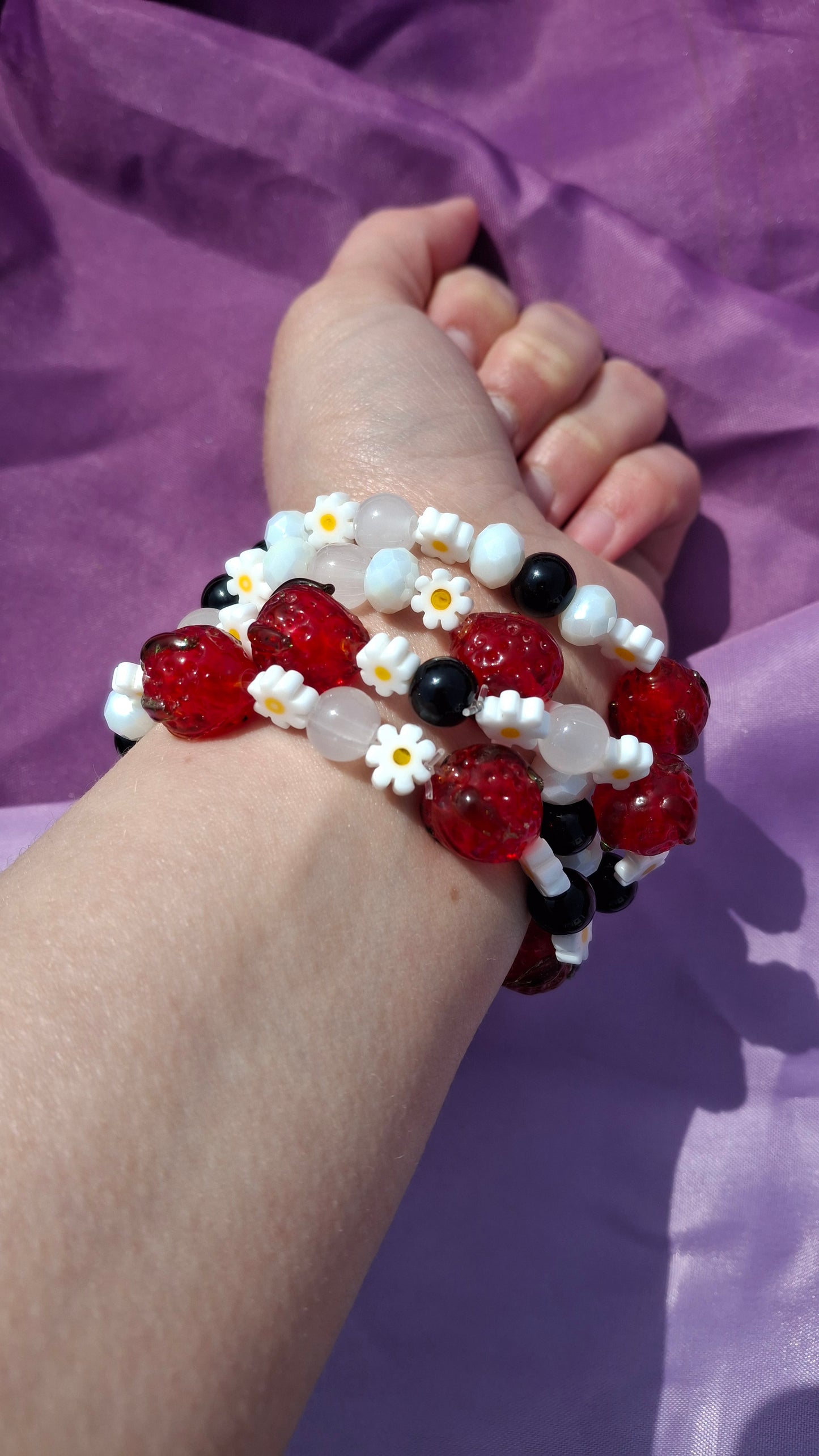 Handmade Red Strawberry Daisy Lampwork Beaded Bracelet in 5 Colors