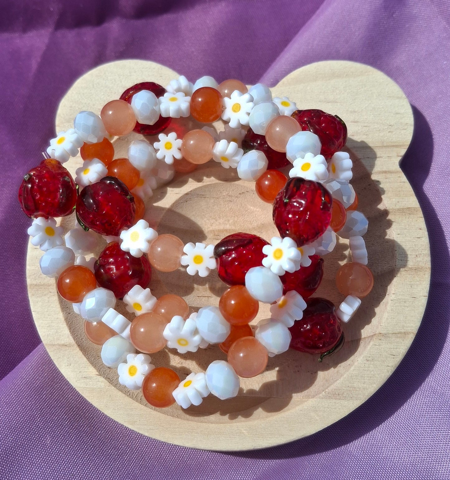 Handmade Red Strawberry Daisy Lampwork Beaded Bracelet in 5 Colors