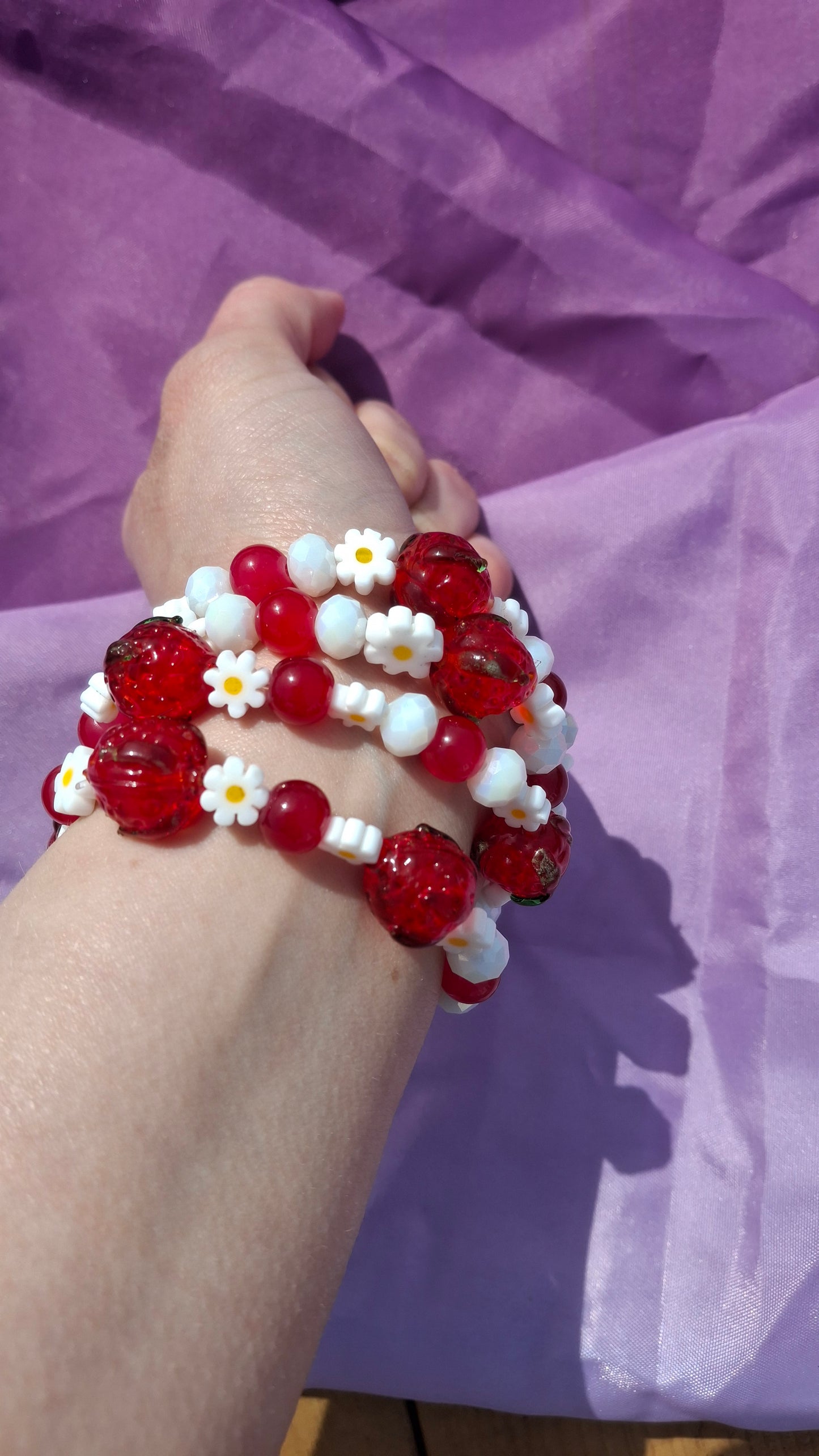 Handmade Red Strawberry Daisy Lampwork Beaded Bracelet in 5 Colors